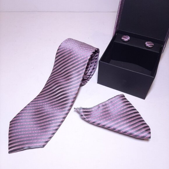 NEW 3 Pc Boxed Gift Tie Set Coordinated Print Cuff Links Pocket Square Pink Grey - Picture 5 of 7